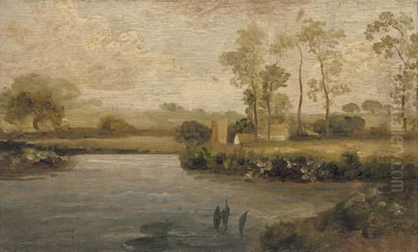 An Extensive River Landscape Oil Painting by Thomas Gainsborough