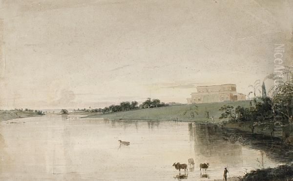 An Indian View Of A Grand Home Before Ariver Oil Painting by William Daniell RA