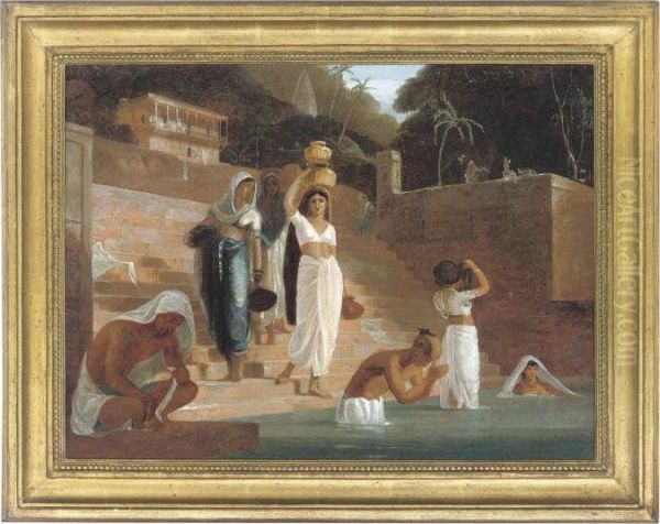 Hindu Women And Brahmans At A Ghat On The Ganges Oil Painting by William Daniell RA