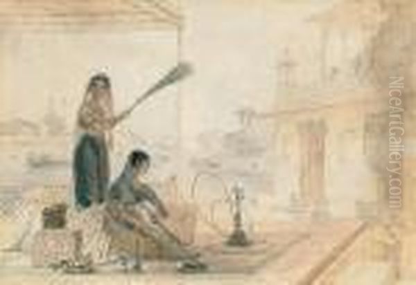 A Woman Smoking A Hookah Pipe, With An Attendant Oil Painting by William Daniell RA