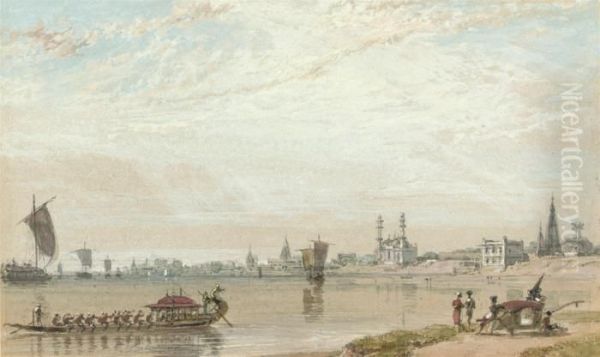 An Indian Capriccio, With The Moah-punkee On A River Oil Painting by William Daniell RA