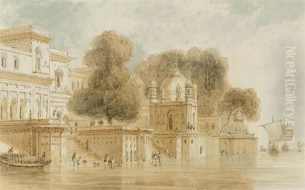 Ghats At Bithur Oil Painting by William Daniell RA