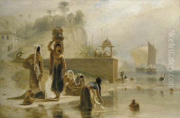 Indian Women Fetching Water From The Ganges Near Kara (currah) Oil Painting by William Daniell RA