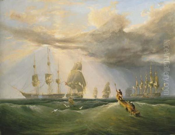 East Indiamen On The Madras Road, Bay Of Bengal Oil Painting by William Daniell RA