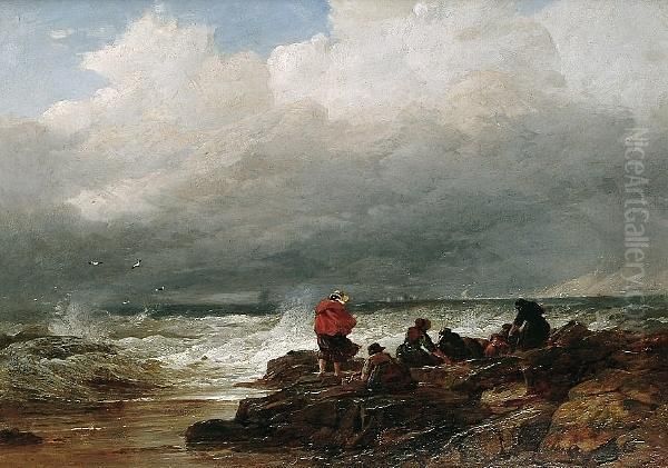 Collecting Mussels On The Shore Oil Painting by Edward Duncan