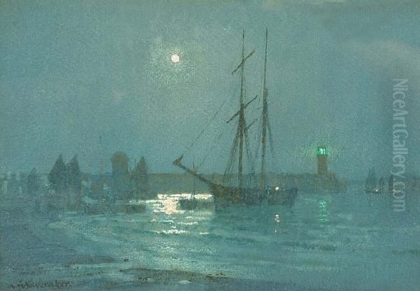 St Ives - The Harbour By Moonlight Oil Painting by Albert Moulton Foweraker