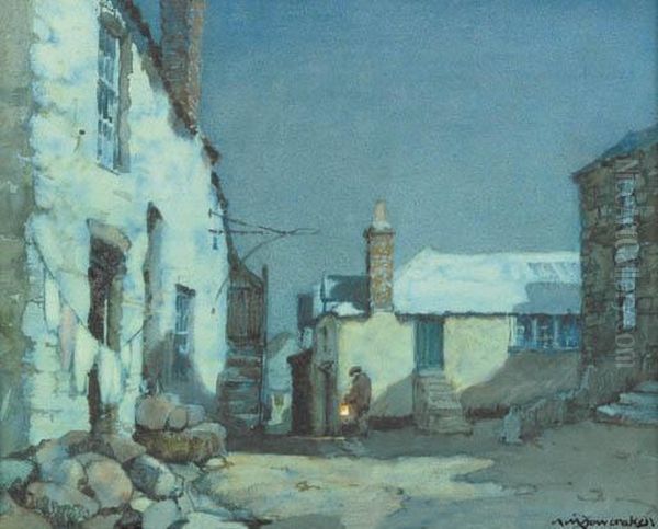 A Figure With A Lantern In A Village By Moonlight Oil Painting by Albert Moulton Foweraker