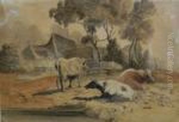 Cattle Beside A Pond With Farm Buildings Beyond Oil Painting by Robert Hills