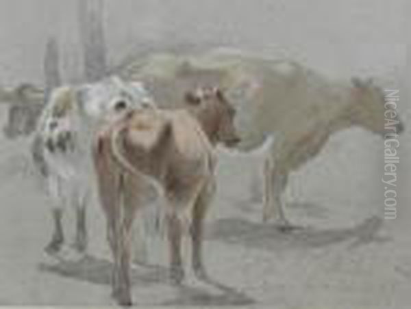 A Group Of Cattle Oil Painting by Robert Hills