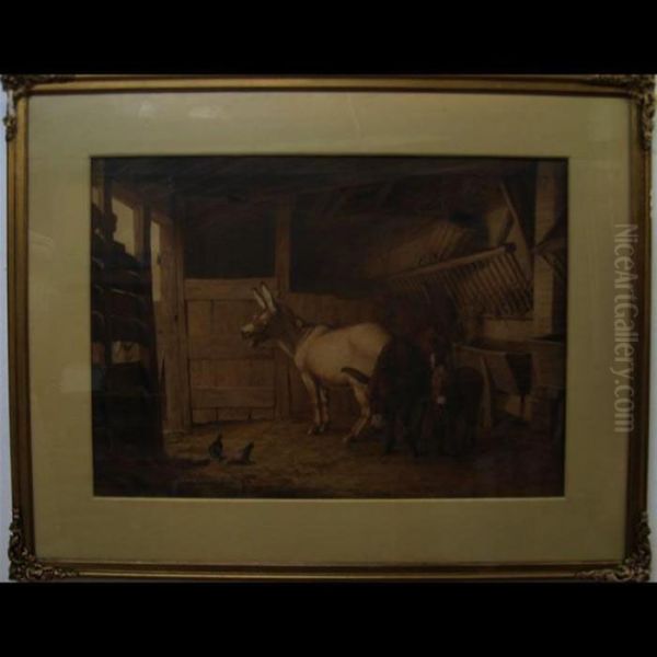 Barn Interior With Donkeys And Chickens Oil Painting by Robert Hills