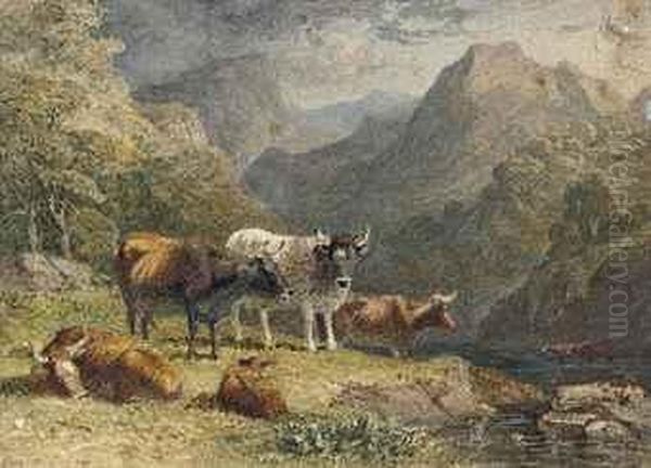 Cattle In A Highland Landscape Oil Painting by Robert Hills