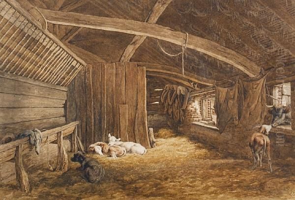 Cattle In A Stable Oil Painting by Robert Hills