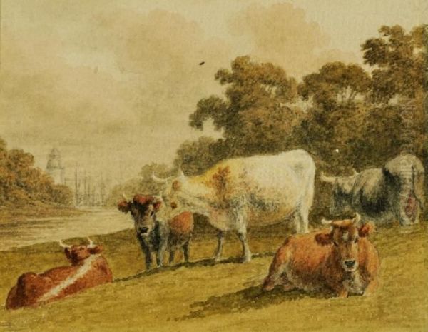 Cattle By A River Oil Painting by Robert Hills