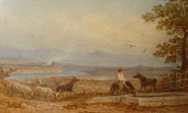 Watering Horses In The Campagna Oil Painting by Robert Hills