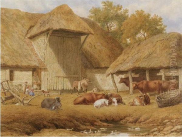 Cattle Resting Beside Farm Buildings Oil Painting by Robert Hills