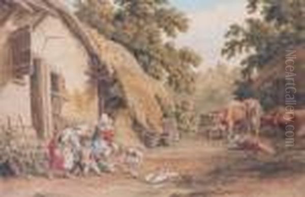 Figure On Horseback Before An 
Inn And Children, Cattle And Ducks Before A Cottage And Barn Oil Painting by Robert Hills