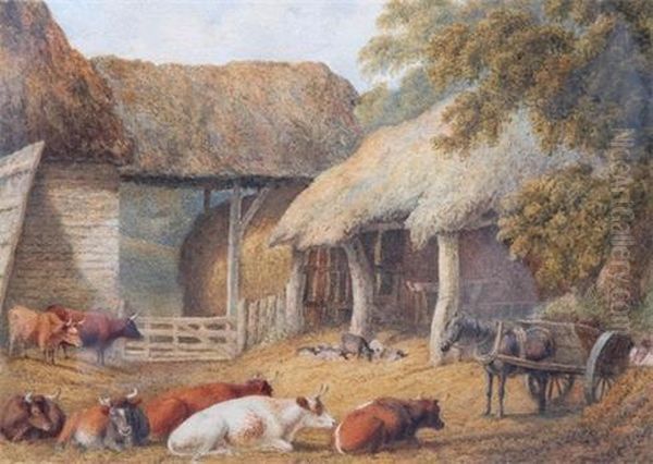 The Rickyard With Cattle & Sheep Oil Painting by Robert Hills