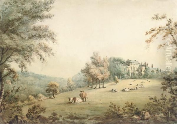 View Of A Country House In Parkland With Cattle And Sheep Oil Painting by Robert Hills