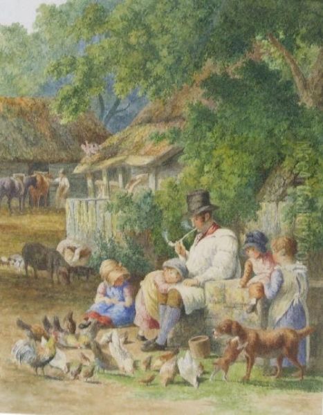 In The Manner Of - A Farmyard Scene With Afarmer And His Children Oil Painting by Robert Hills