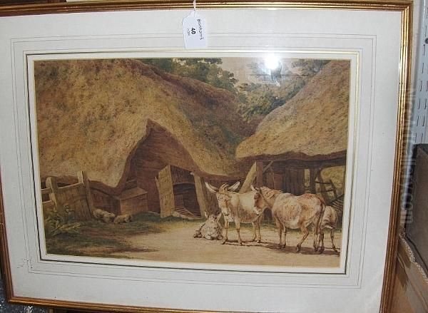 Donkeys By A Thatched Barn Oil Painting by Robert Hills