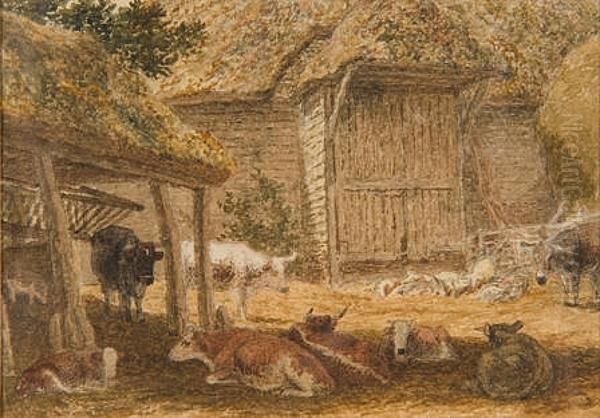 Cattle Resting In A Farmyard Oil Painting by Robert Hills