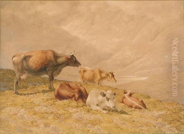 Cattle In A Highland Landscape Oil Painting by Robert Hills