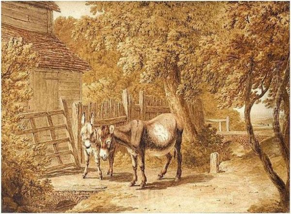 Donkeys By A Farmyard Oil Painting by Robert Hills