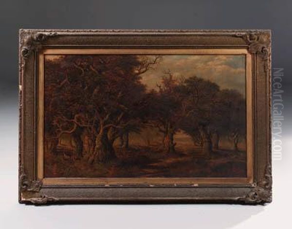 A Wooded Landscape With Deer, A Mother And Child On A Trackbeyond Oil Painting by Robert Hills