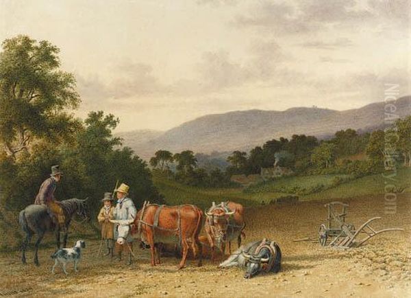 Figures, Horses And Oxen On A Road Oil Painting by Robert Hills