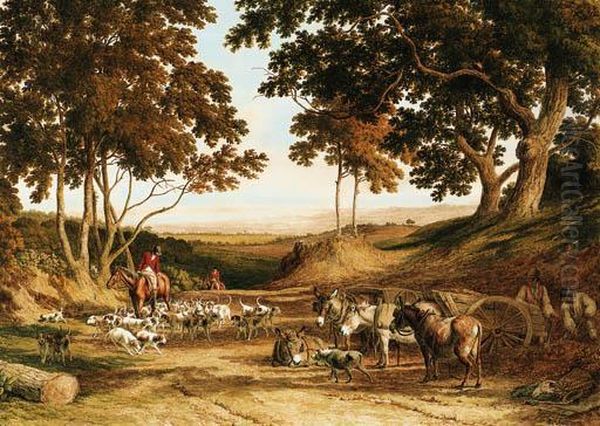 Huntsmen And Hounds On A Country Lane, With Donkeys And Labourerslooking On Oil Painting by Robert Hills