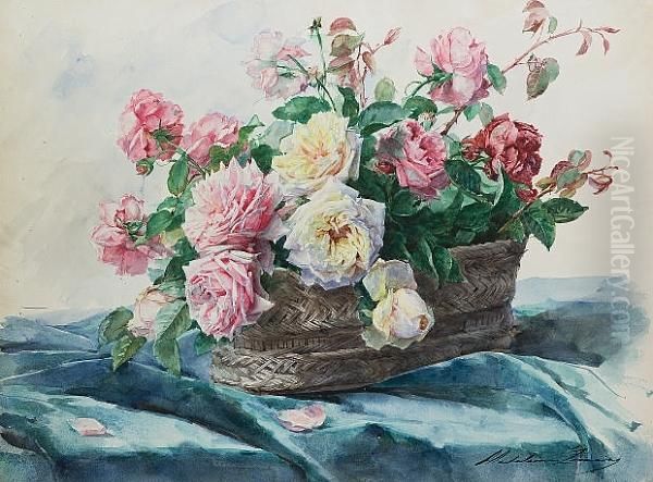 Still Life Of A Basket Of Roses Oil Painting by Madeleine Jeanne Lemaire