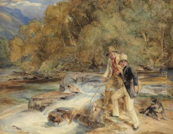 Sir Edwin Landseer, R.a. With A Keeper Fishing For Salmon Oil Painting by John Frederick Lewis