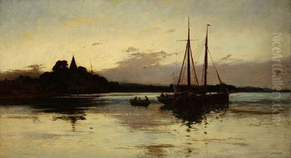 Moored Sailboats At Sunset Oil Painting by Walker Stuart Lloyd