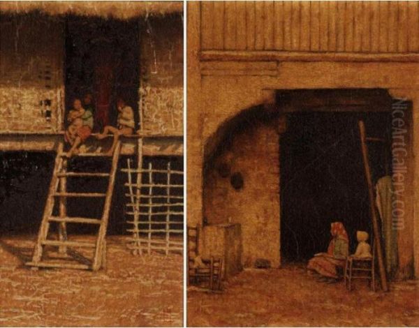 Figures On The Steps Of A Hut In Japan; A Courtyard Scene Oil Painting by Mortimer Luddington Mempes