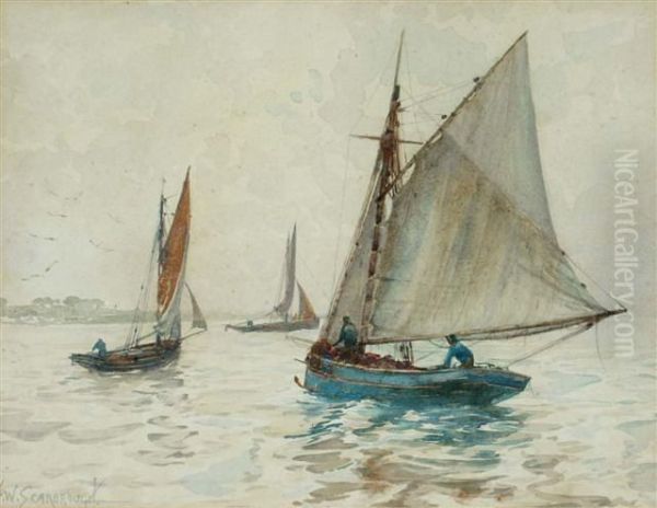 Fishing Vessels At Sea Oil Painting by William Harrison Scarborough