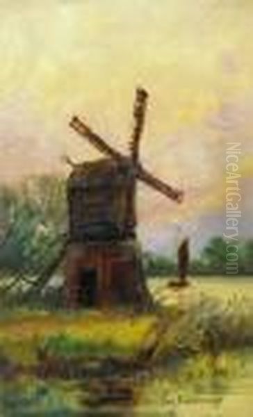 Landscapes With Windmill And Watermill Oil Painting by William Harrison Scarborough