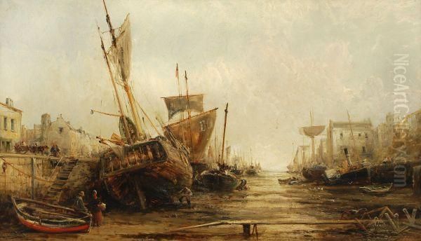 Harbour Scene At Low Tide Oil Painting by William Edward Webb