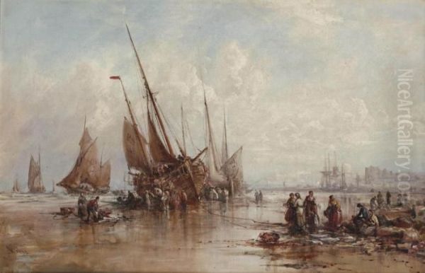 Fisherfolk Unloading The Catch At Low Tide On The Beach Before Peel Castle, Isle Of Man Oil Painting by William Edward Webb