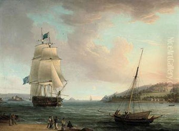 A Crowded Flagship Oil Painting by Thomas Whitcombe