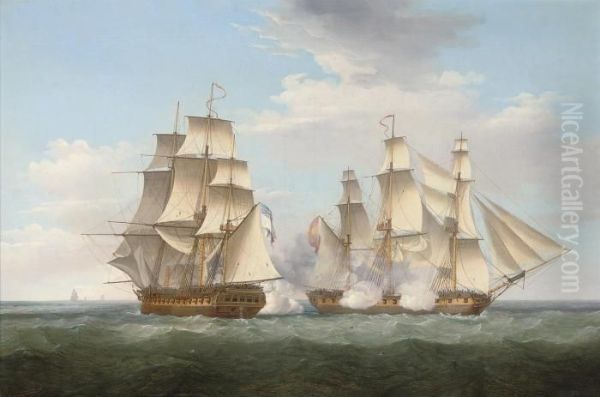 H.m.s. Oil Painting by Thomas Whitcombe