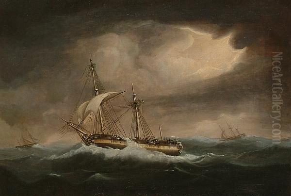 A Frigate, Believed To Be H.m.s. 'newcastle' In A Storm Oil Painting by Thomas Whitcombe