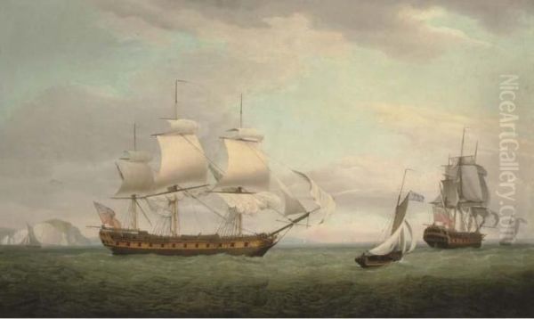 The East Indiaman Pitt In Two Positions Off The Needles, Isle Ofwight Oil Painting by Thomas Whitcombe