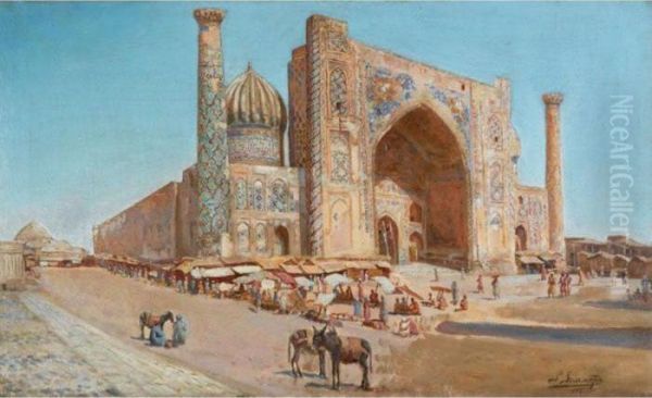 The Shir-dor Mosque, Samarkand Oil Painting by Richard Karlovich Zommer