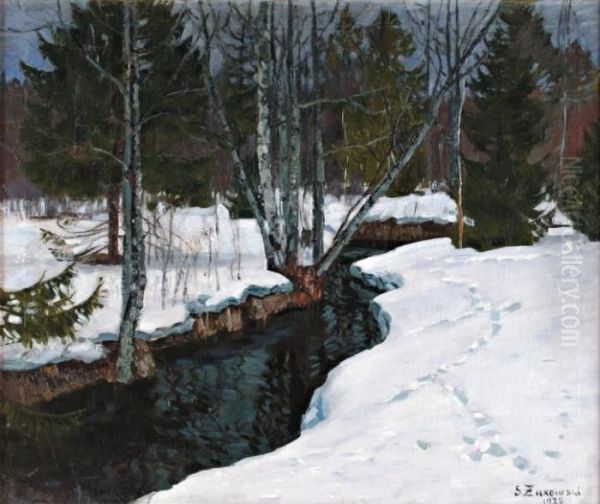 Riviere Sous La Neige Oil Painting by Stanislaw Zukowski