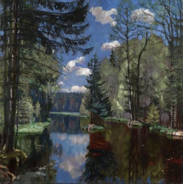 Forest Lake Oil Painting by Stanislaw Zukowski