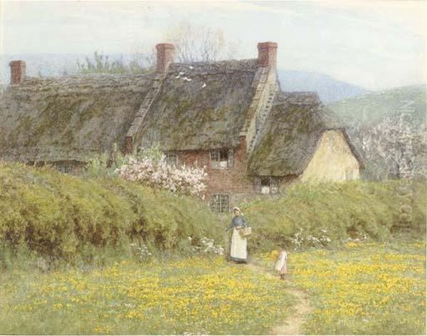 A Cottage With A Mother And Child, Near Bridport, Dorset Oil Painting by Helen Mary Elizabeth Allingham