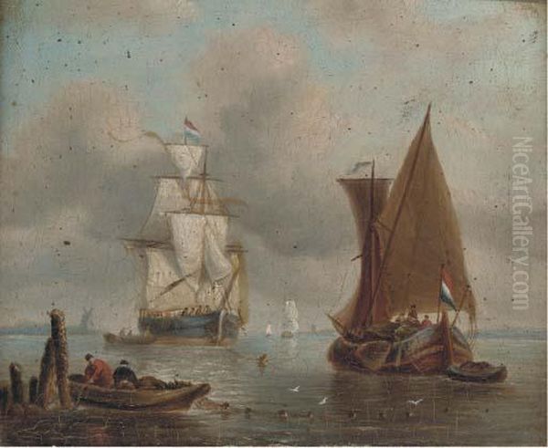 A Dutch Merchantman Drying Her Sails In An Offshore Anchorage Oil Painting by William Anderson