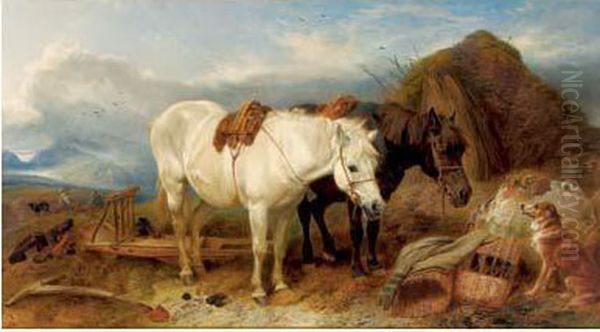 Chevaux Devant Un Chien Dans La Campagne Oil Painting by Richard Ansdell