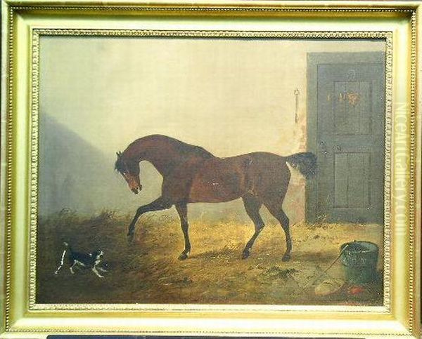 Bay Hunter And Spaniel In A Stable Oil Painting by Richard Ansdell