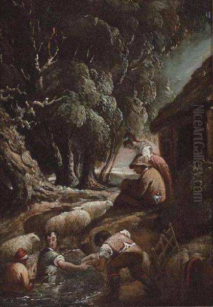 The Sheep Dip; And The Shepherdess Oil Painting by Thomas Barker of Bath